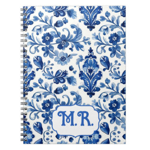 Caderno Espiral Monograma de Azulejo Floral Azul Mediterrâneo