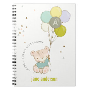 Caderno Espiral Monograma de Balões de Urso Azul-Corte Elegante