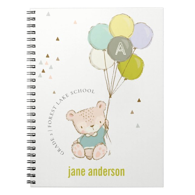 Caderno Espiral Monograma de Balões de Urso Azul-Corte Elegante (Frente)