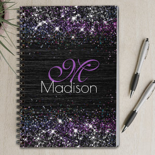 Caderno Espiral Monograma de brilho preto roxo e branco