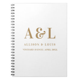 Caderno Espiral Monograma de Casamento Branco Minimalista Dourado