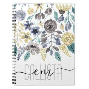 Caderno Espiral Monograma de Cor Floral Amarela da Cinza Moderna