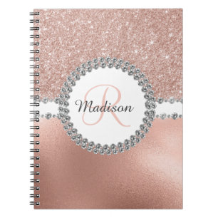 Caderno Espiral Monograma de Diamante com Brilho em Dourado Rosado