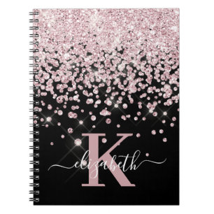 Caderno Espiral Monograma de Diamante Glitter Dourado com Rosa de