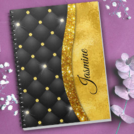 Caderno Espiral Monograma de diamante preto brilhante Dourado, fal