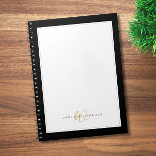 Caderno Espiral Monograma de duas bordas preto minimalista dourado