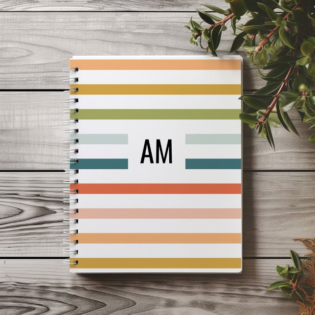 Caderno Espiral Monograma de Faixa Colorida (Colorful rainbow stripes monogram initials notebook.)