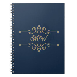 Caderno Espiral Monograma de Floreio Elegante Azul-Elegante Dourad