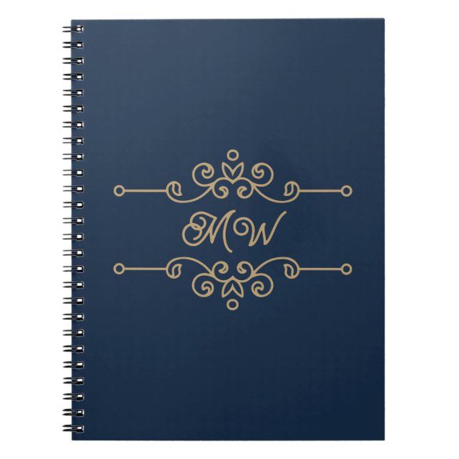 Caderno Espiral Monograma de Floreio Elegante Azul-Elegante Dourad (Frente)