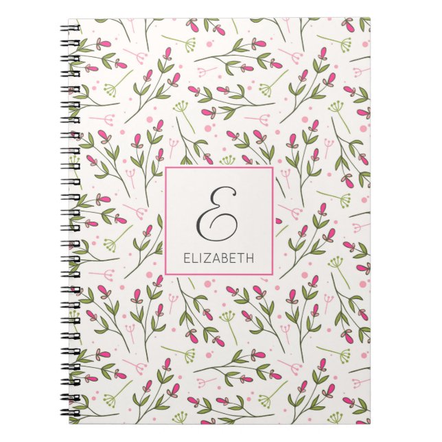 Caderno Espiral Monograma de Flores Selvagens, Rosa e Verde Longas (Frente)