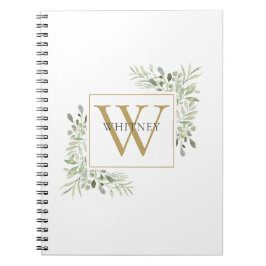 Caderno Espiral Monograma de Folhagem Verde Elegante em Ouro