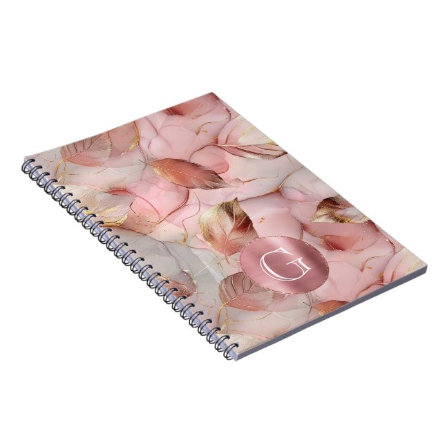 Caderno Espiral Monograma de Folhas Douradas Cor-de-Rosa Esbranqui (Lado Direito)