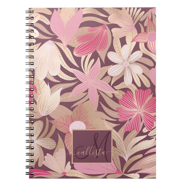 Caderno Espiral Monograma de Folhas Florais Douradas, Rosa Burgund (Frente)