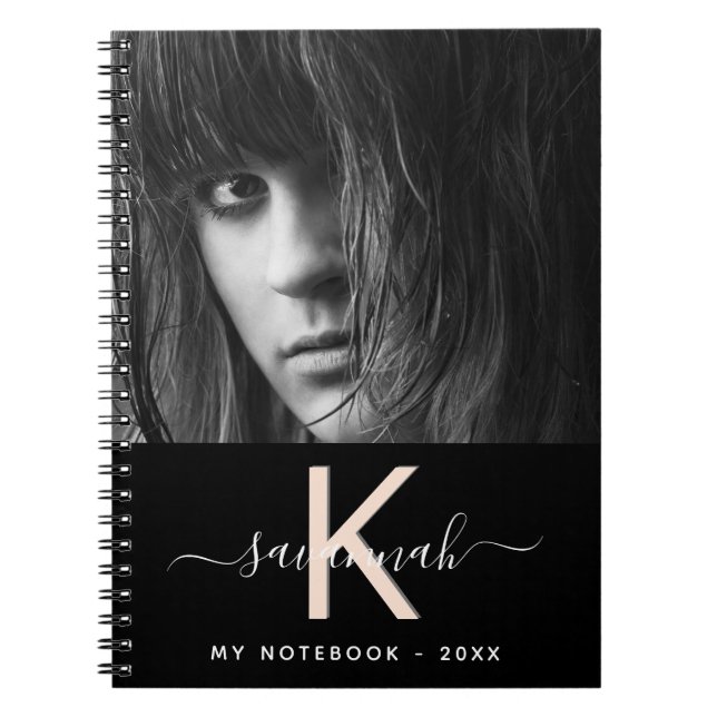 Caderno Espiral Monograma de foto de pêssego preto (Frente)