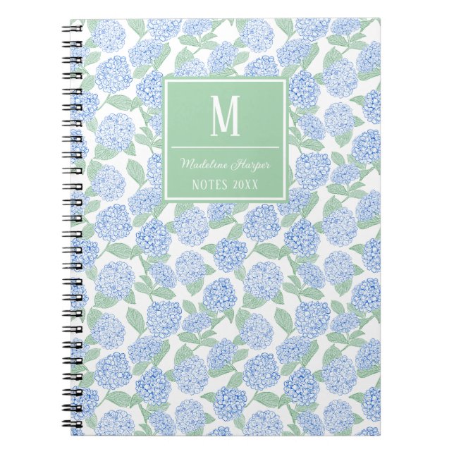 Caderno Espiral Monograma de Hydrangeas Azul e Verde (Frente)
