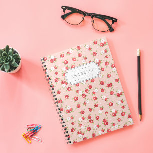 Caderno Espiral Monograma de Impressão Floral de Coral e Blush Chi