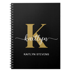 Caderno Espiral Monograma de Letra Cursiva em Preto e Dourado