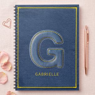 Caderno Espiral Monograma de Letra G Bordada em Azul Retro Denim