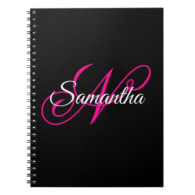 Caderno Espiral Monograma de letra rebuscada preto, branco e rosa (Frente)