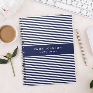 Caderno Espiral Monograma de Listras Azul-Navy Minimalista Moderna