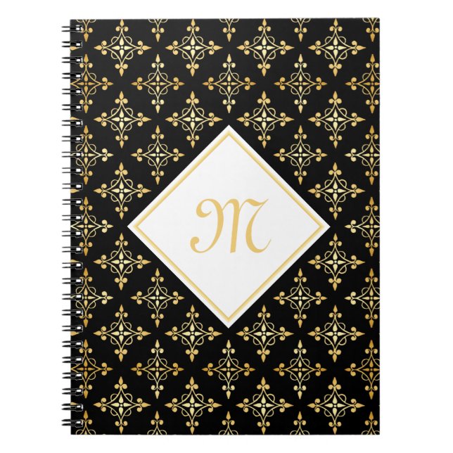Caderno Espiral Monograma de luxo Preto e Dourado Quatre Floral (Frente)