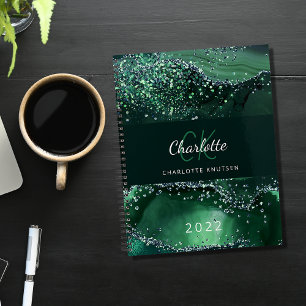 Caderno Espiral Monograma de mármore agitado com brilho verde