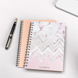 Caderno Espiral monograma de mármore cor-de-rosa com rosa dourado