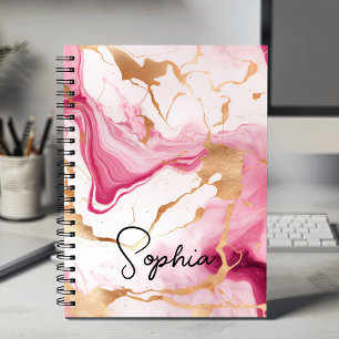 Caderno Espiral Monograma de mármore marble art, branco-rosado-cla