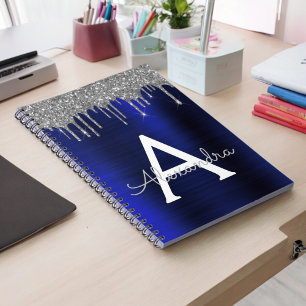 Caderno Espiral Monograma de Metal Escovado com Brilho Azul Marinh