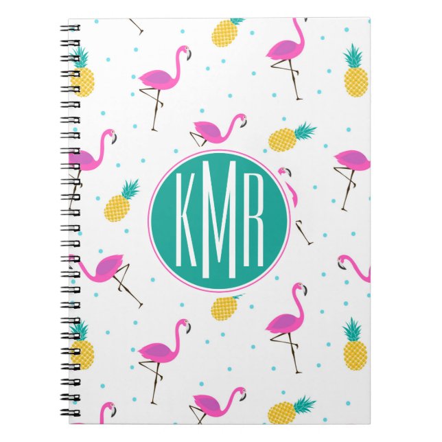Caderno Espiral Monograma de néon dos flamingos | (Frente)