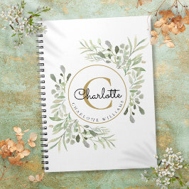 Caderno Espiral Monograma de nome de greenery aquarela elegante