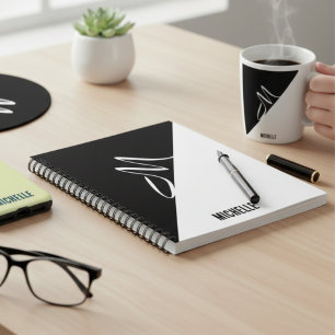 Caderno Espiral Monograma de Nome Personalizado Preto e Branco Min