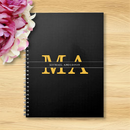 Caderno Espiral Monograma de Nome Preto Elegante Moderno Dourado