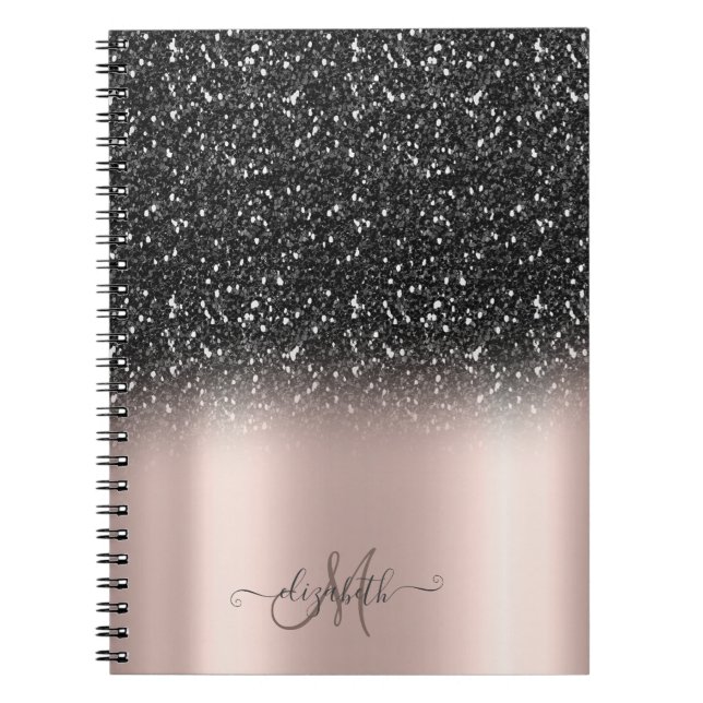 Caderno Espiral Monograma de Ombre Negro Elegante, Rosa Dourado (Frente)