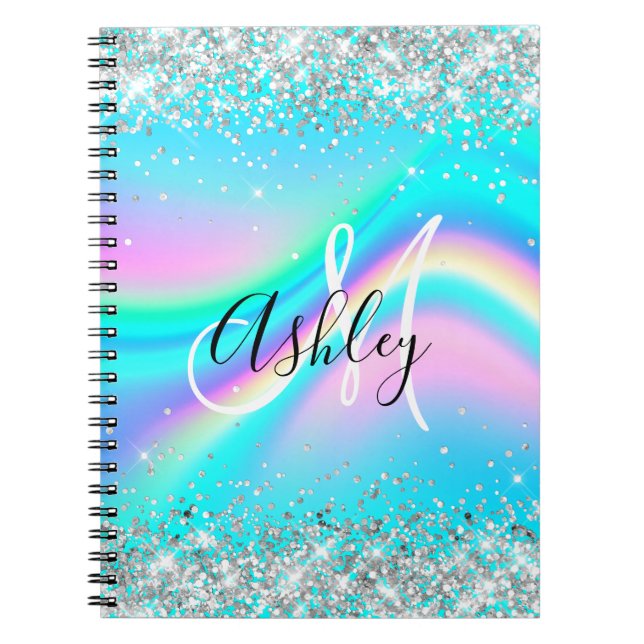 Caderno Espiral Monograma de Onda de Arco-íris com Brilho Prateado (Frente)