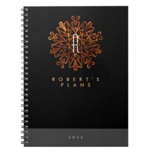 Caderno Espiral Monograma de ornamentado de ouro e preto-e-luxo, d