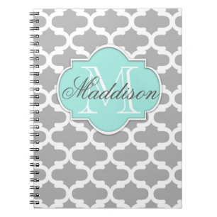 Caderno Espiral Monograma de Padrão Elegante da cinza Aqua