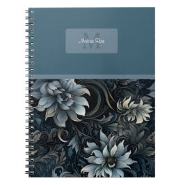 Caderno Espiral Monograma de Padrão Floral Gótico Escuro Elegante