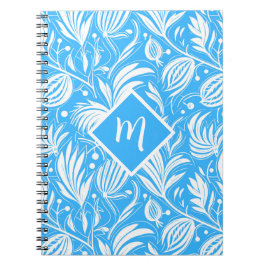 Caderno Espiral Monograma de Padrão Floral Tropical Azul