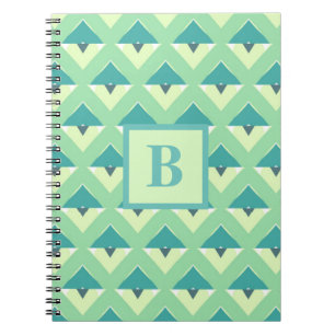 Caderno Espiral Monograma de Padrão Geométrico Azul e Verde