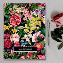 Caderno Espiral Monograma de padrão negro floral, cor-de-rosa-vivo