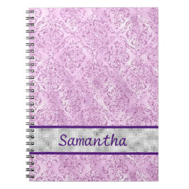 Caderno Espiral Monograma de prata com Damasco púrpura
