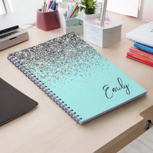 Caderno Espiral Monograma de Prata Leve Azul Aqua