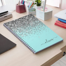 Caderno Espiral Monograma de Prata Leve Azul Aqua