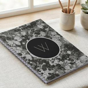 Caderno Espiral Monograma de Redemoinho de Mármore Preto e Branco