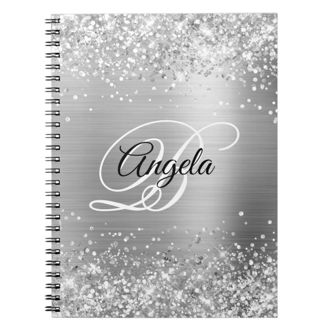Caderno Espiral Monograma de Rico Metálico de Silver Glittery (Frente)