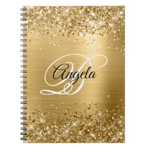 Caderno Espiral Monograma de Rico Metálico Dourado com Glittery