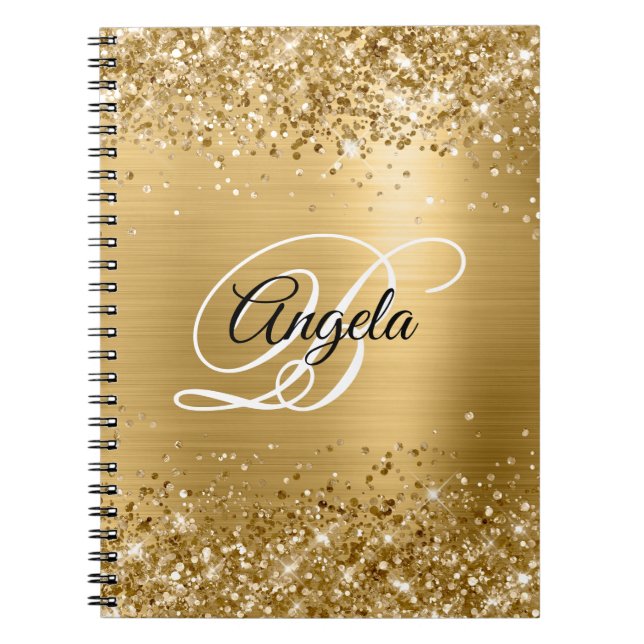 Caderno Espiral Monograma de Rico Metálico Dourado com Glittery (Frente)