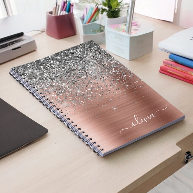 Caderno Espiral Monograma de Rosa de prata Dourada com metal escov (Criador carregado)