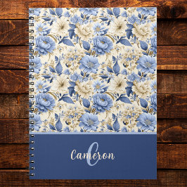 Caderno Espiral Monograma de Rosas Peônias Florais Azul País Franc